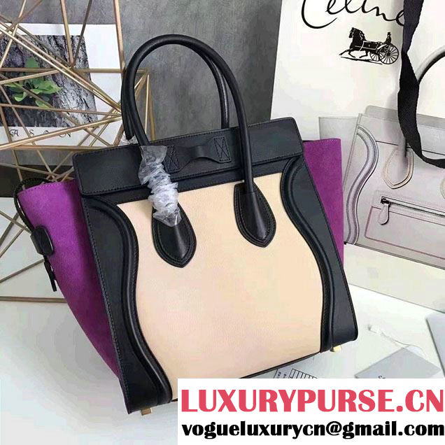 Celine Luggage Micro Tote Bag in Original Leather Black/Grained Beige/Suede Purple