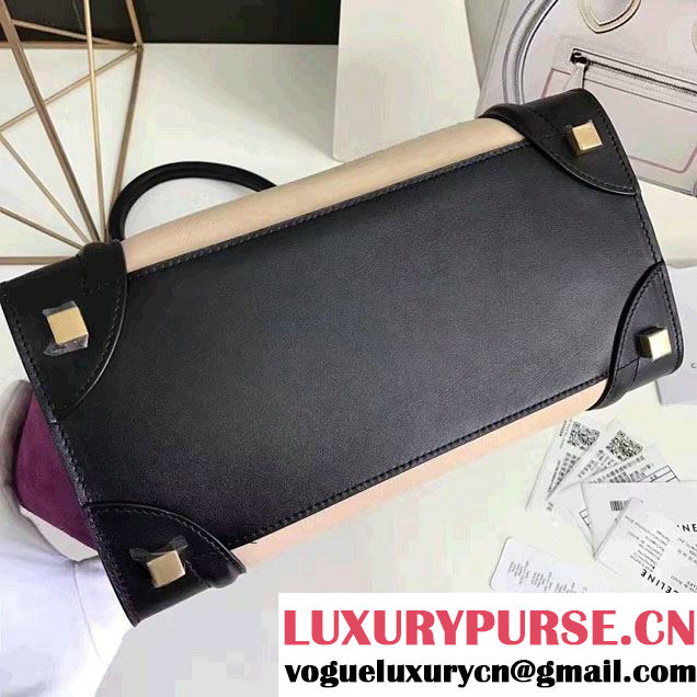 Celine Luggage Micro Tote Bag in Original Leather Black/Grained Beige/Suede Purple
