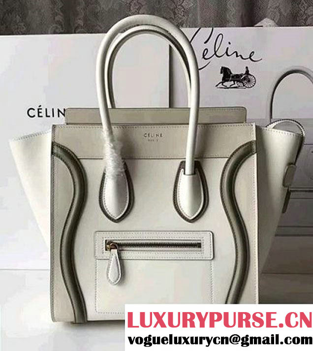 Celine Luggage Micro Tote Bag In Original Calfskin Leather Ivory/Dark Green 2017