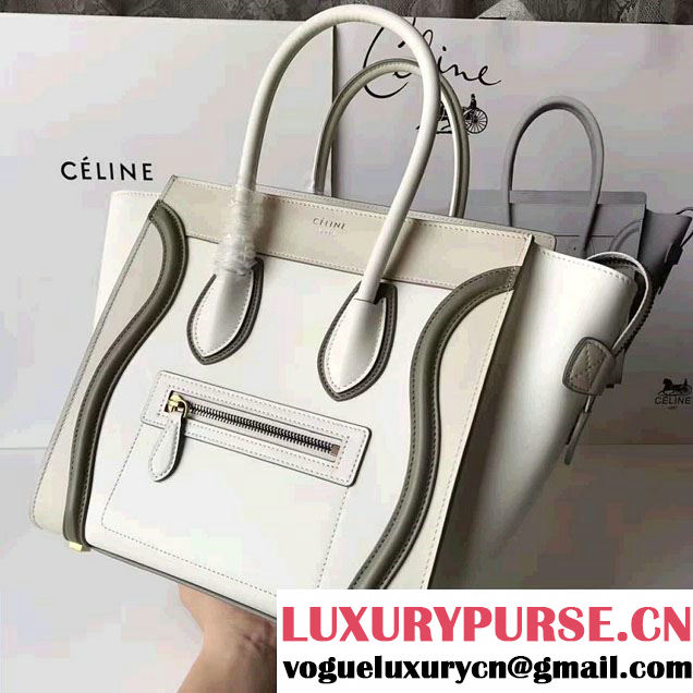 Celine Luggage Micro Tote Bag In Original Calfskin Leather Ivory/Dark Green 2017