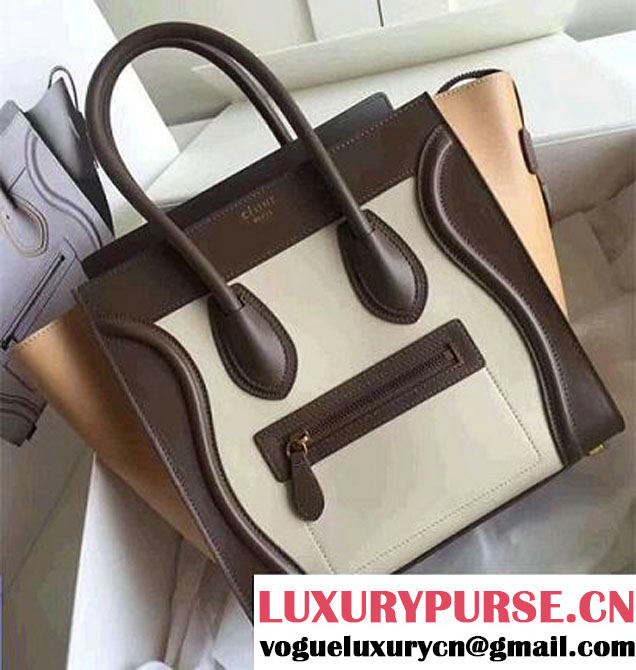 Celine Luggage Micro Tote Bag In Original Calfskin Leather White/Chocolate/Yellow 2017