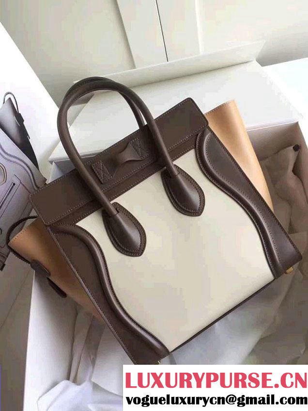 Celine Luggage Micro Tote Bag In Original Calfskin Leather White/Chocolate/Yellow  2017