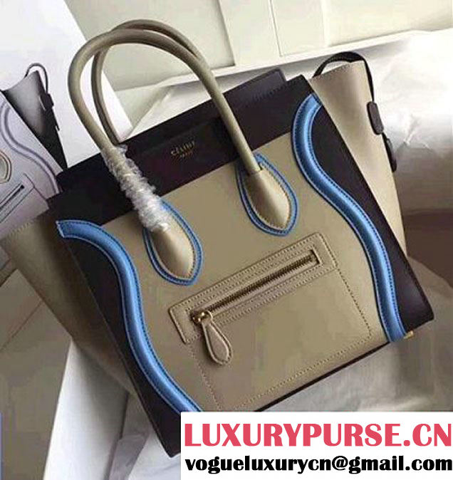 Celine Luggage Micro Tote Bag in Original Smooth Leather Black/Light Blue/Gary