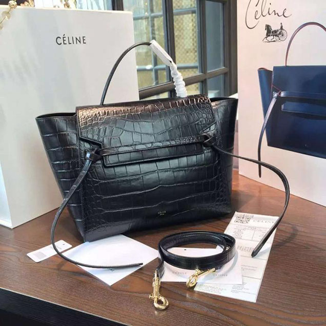 Celine Belt Top Handle Mini Bag Croc Stamp Leather Pre-Fall Winter 2016 Collection Black