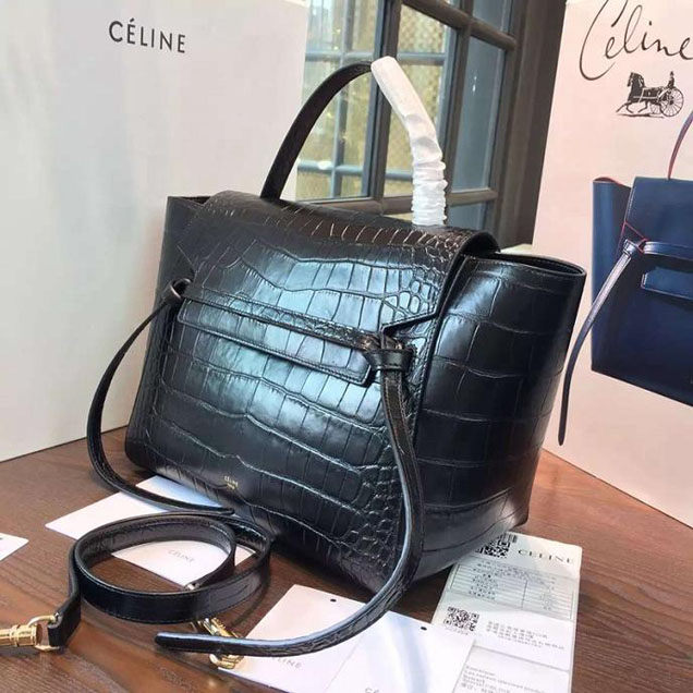 Celine Belt Top Handle Mini Bag Croc Stamp Leather Pre-Fall Winter 2016 Collection Black