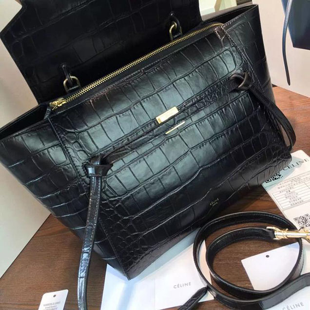 Celine Belt Top Handle Mini Bag Croc Stamp Leather Pre-Fall Winter 2016 Collection Black