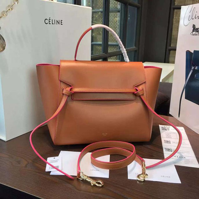 Celine Belt Top Handle Mini Bag Smooth Calfskin Leather Pre-Fall Winter 2016 Collection Tan with Pink Piping