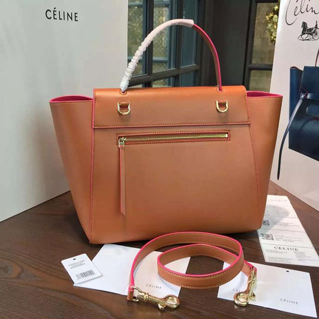 Celine Belt Top Handle Mini Bag Smooth Calfskin Leather Pre-Fall Winter 2016 Collection Tan with Pink Piping