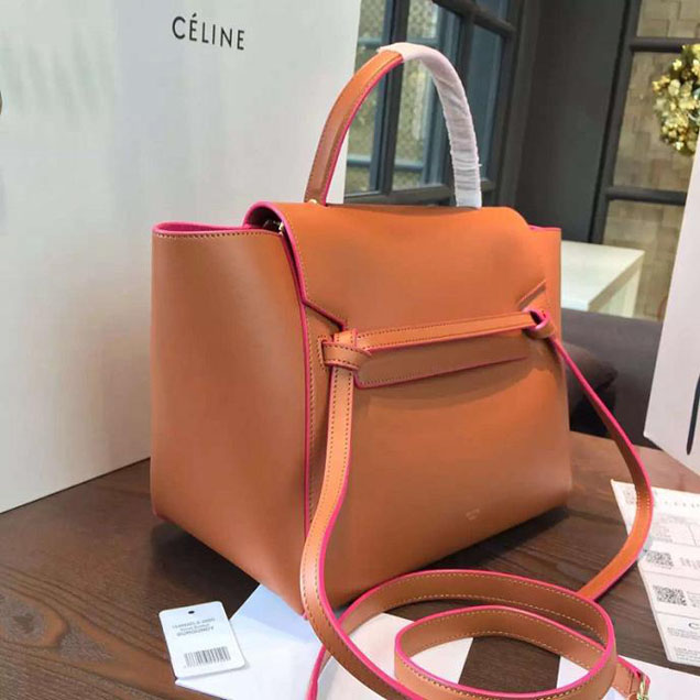 Celine Belt Top Handle Mini Bag Smooth Calfskin Leather Pre-Fall Winter 2016 Collection Tan with Pink Piping