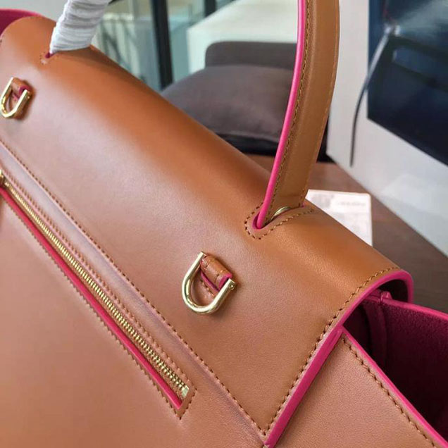 Celine Belt Top Handle Mini Bag Smooth Calfskin Leather Pre-Fall Winter 2016 Collection Tan with Pink Piping
