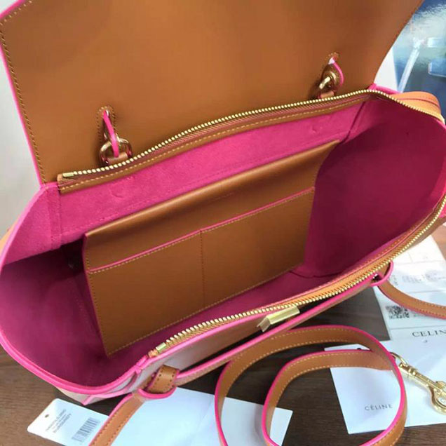 Celine Belt Top Handle Mini Bag Smooth Calfskin Leather Pre-Fall Winter 2016 Collection Tan with Pink Piping