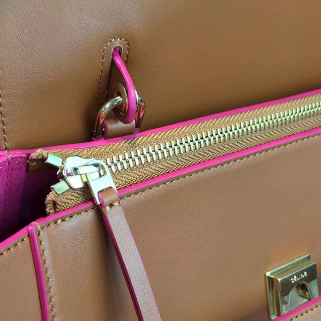 Celine Belt Top Handle Mini Bag Smooth Calfskin Leather Pre-Fall Winter 2016 Collection Tan with Pink Piping