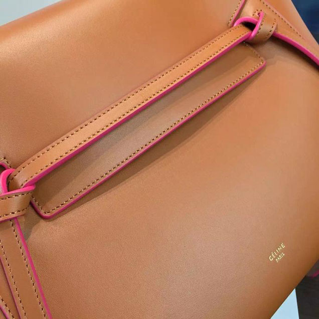 Celine Belt Top Handle Mini Bag Smooth Calfskin Leather Pre-Fall Winter 2016 Collection Tan with Pink Piping