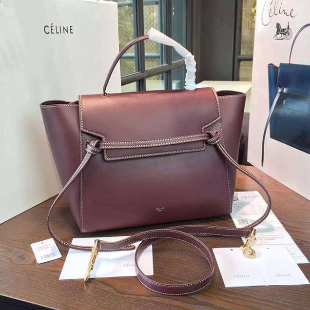 Celine Belt Top Handle Mini Bag Smooth Calfskin Leather Pre-Fall Winter 2016 Collection Burgundy with Tonal Stitching