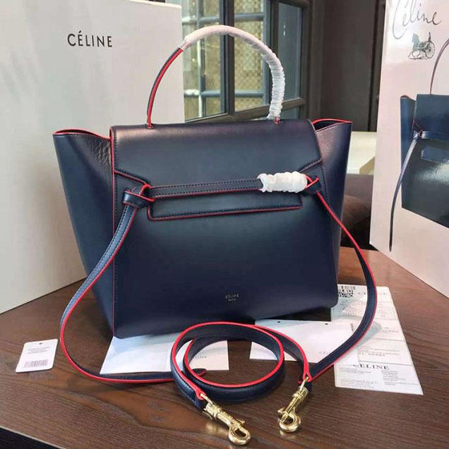 Celine Belt Top Handle Mini Bag Smooth Calfskin Leather Pre-Fall Winter 2016 Collection Navy Blue with Red Piping