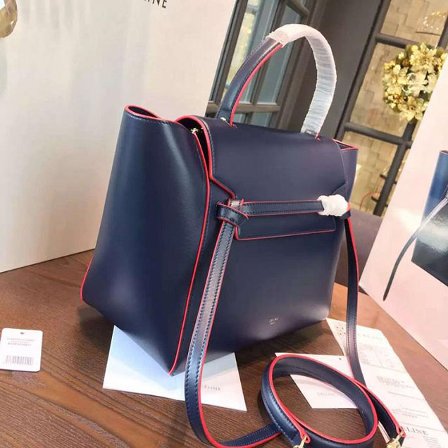 Celine Belt Top Handle Mini Bag Smooth Calfskin Leather Pre-Fall Winter 2016 Collection Navy Blue with Red Piping
