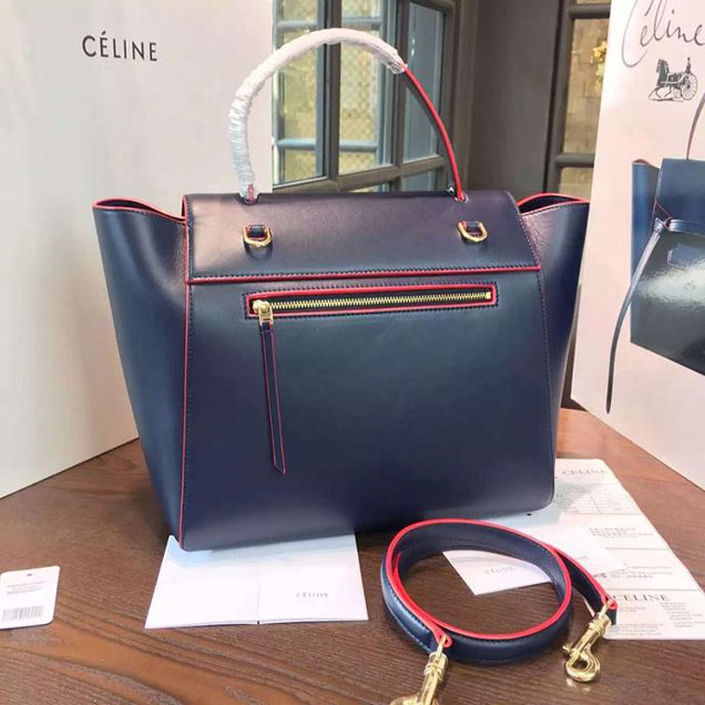 Celine Belt Top Handle Mini Bag Smooth Calfskin Leather Pre-Fall Winter 2016 Collection Navy Blue with Red Piping