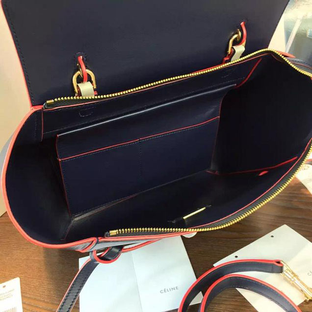 Celine Belt Top Handle Mini Bag Smooth Calfskin Leather Pre-Fall Winter 2016 Collection Navy Blue with Red Piping