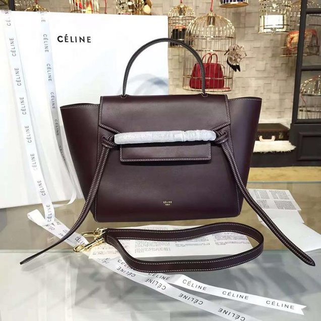 Celine Belt Top Handle Mini Bag Smooth Calfskin Leather Pre-Fall Winter 2016 Collection Burgundy with White Stitching