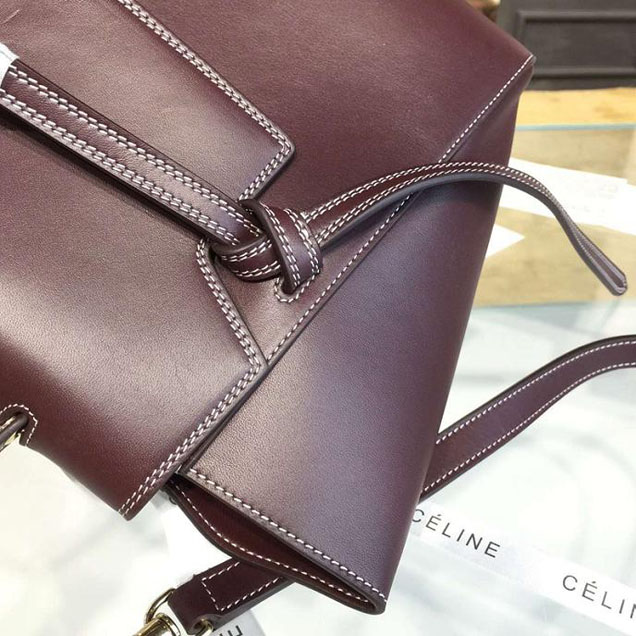 Celine Belt Top Handle Mini Bag Smooth Calfskin Leather Pre-Fall Winter 2016 Collection Burgundy with White Stitching