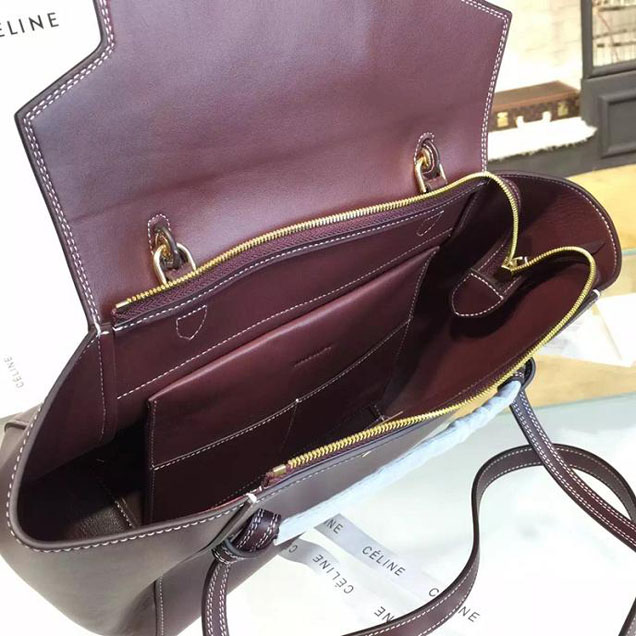 Celine Belt Top Handle Mini Bag Smooth Calfskin Leather Pre-Fall Winter 2016 Collection Burgundy with White Stitching