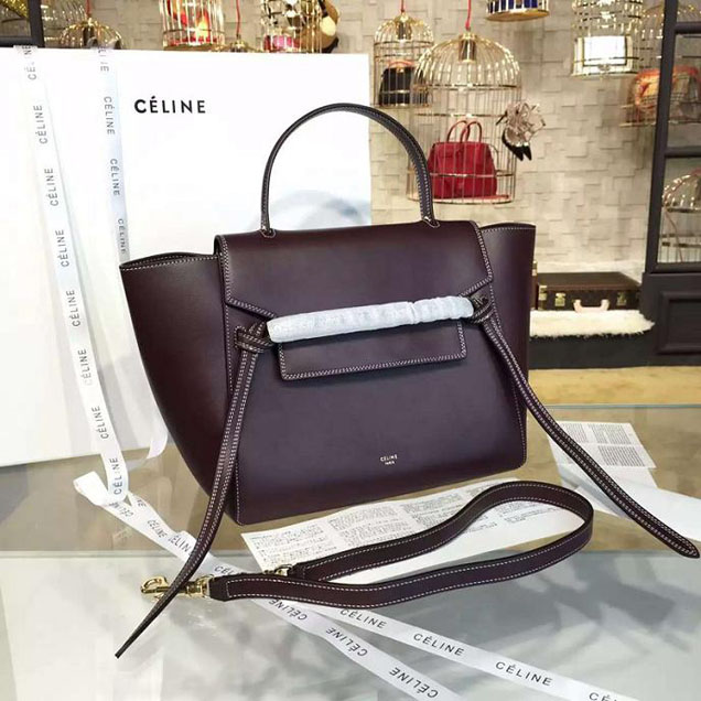 Celine Belt Top Handle Mini Bag Smooth Calfskin Leather Pre-Fall Winter 2016 Collection Burgundy with White Stitching