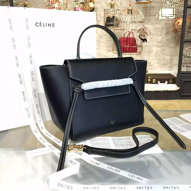 Celine Belt Top Handle Mini Bag Smooth Calfskin Leather Pre-Fall Winter 2016 Collection Black with White Stitching