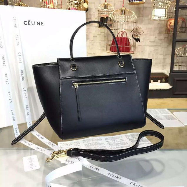 Celine Belt Top Handle Mini Bag Smooth Calfskin Leather Pre-Fall Winter 2016 Collection Black with White Stitching