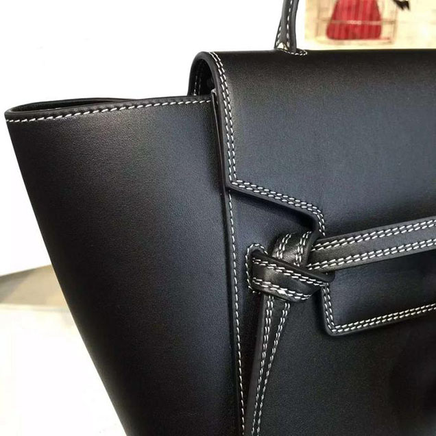 Celine Belt Top Handle Mini Bag Smooth Calfskin Leather Pre-Fall Winter 2016 Collection Black with White Stitching