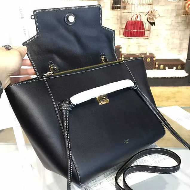 Celine Belt Top Handle Mini Bag Smooth Calfskin Leather Pre-Fall Winter 2016 Collection Black with White Stitching