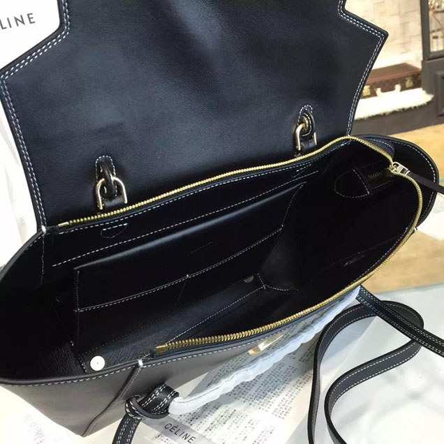 Celine Belt Top Handle Mini Bag Smooth Calfskin Leather Pre-Fall Winter 2016 Collection Black with White Stitching