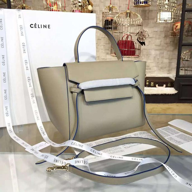 Celine Belt Top Handle Mini Bag Smooth Calfskin Leather Pre-Fall Winter 2016 Collection Beige with Blue Piping