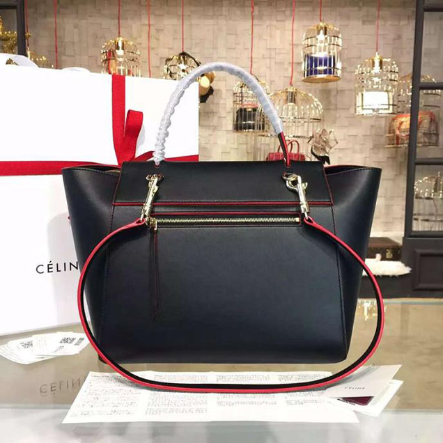Celine Belt Top Handle Mini Bag Smooth Calfskin Leather Pre-Fall Winter 2016 Collection Black with Red Piping