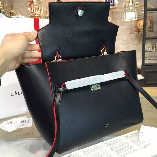 Celine Belt Top Handle Mini Bag Smooth Calfskin Leather Pre-Fall Winter 2016 Collection Black with Red Piping