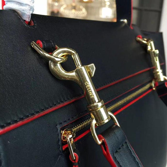 Celine Belt Top Handle Mini Bag Smooth Calfskin Leather Pre-Fall Winter 2016 Collection Black with Red Piping