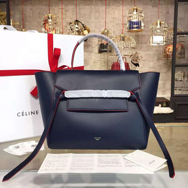 Celine Belt Top Handle Mini Bag Smooth Calfskin Leather Pre-Fall Winter 2016 Collection Navy Blue with Red Piping