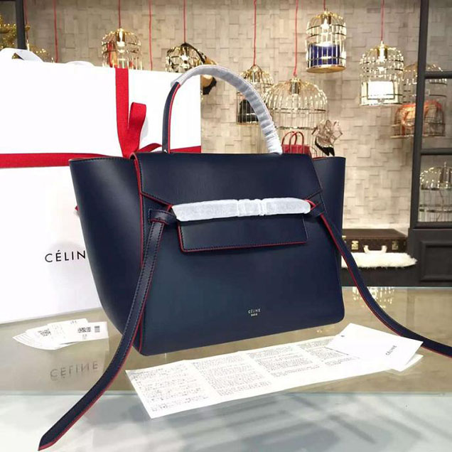 Celine Belt Top Handle Mini Bag Smooth Calfskin Leather Pre-Fall Winter 2016 Collection Navy Blue with Red Piping