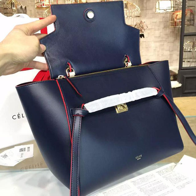 Celine Belt Top Handle Mini Bag Smooth Calfskin Leather Pre-Fall Winter 2016 Collection Navy Blue with Red Piping