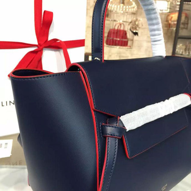 Celine Belt Top Handle Mini Bag Smooth Calfskin Leather Pre-Fall Winter 2016 Collection Navy Blue with Red Piping