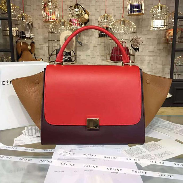 Celine Trapeze Top Handle Medium Bag Smooth Calfskin with Suede Leather Pre-Fall Winter 2016 Collection Red Tan Burgundy