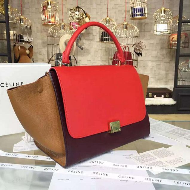 Celine Trapeze Top Handle Medium Bag Smooth Calfskin with Suede Leather Pre-Fall Winter 2016 Collection Red Tan Burgundy