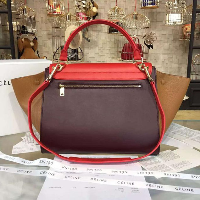Celine Trapeze Top Handle Medium Bag Smooth Calfskin with Suede Leather Pre-Fall Winter 2016 Collection Red Tan Burgundy