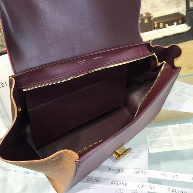 Celine Trapeze Top Handle Medium Bag Smooth Calfskin with Suede Leather Pre-Fall Winter 2016 Collection Red Tan Burgundy