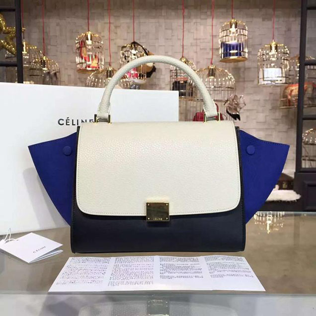 Celine Trapeze Top Handle Small Bag Grained Calfskin with Suede Leather Pre-Fall Winter 2016 Collection White Black Blue