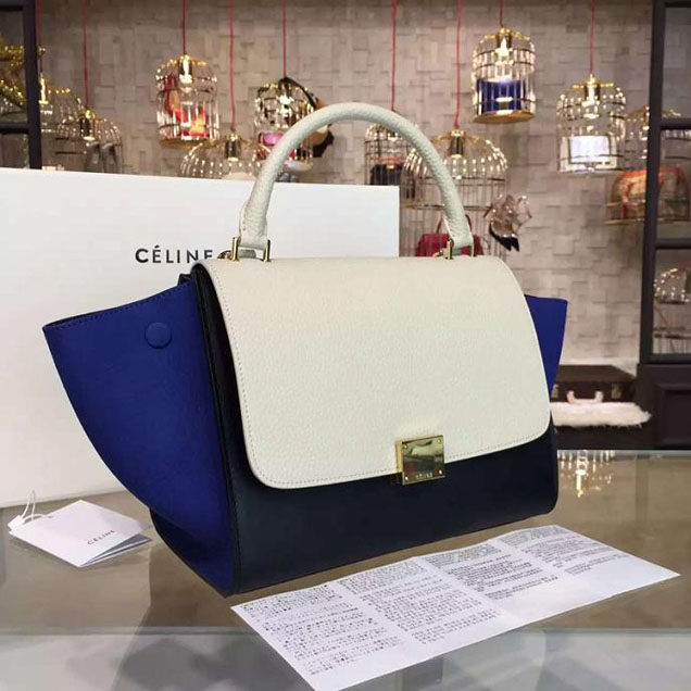 Celine Trapeze Top Handle Small Bag Grained Calfskin with Suede Leather Pre-Fall Winter 2016 Collection White Black Blue