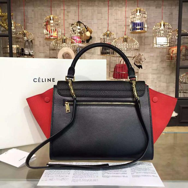 Celine Trapeze Top Handle Small Bag Grained Calfskin with Suede Leather Pre-Fall Winter 2016 Collection Black Red