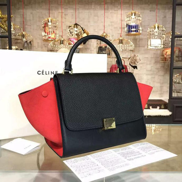 Celine Trapeze Top Handle Small Bag Grained Calfskin with Suede Leather Pre-Fall Winter 2016 Collection Black Red