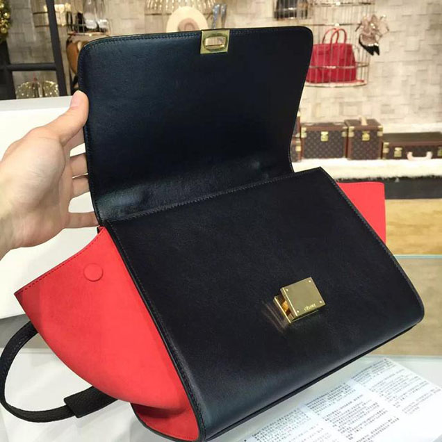 Celine Trapeze Top Handle Small Bag Grained Calfskin with Suede Leather Pre-Fall Winter 2016 Collection Black Red