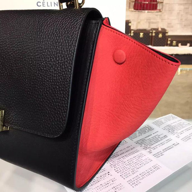Celine Trapeze Top Handle Small Bag Grained Calfskin with Suede Leather Pre-Fall Winter 2016 Collection Black Red