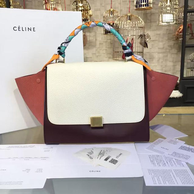 Celine Trapeze Top Handle Small Bag Grained Calfskin with Suede Leather Pre-Fall Winter 2016 Collection White Burgundy Rust